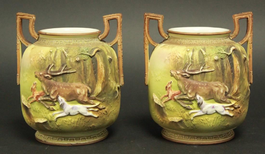 Pair Blown Out Nippon Vases, Dogs Hunting Stag (1 of 7)