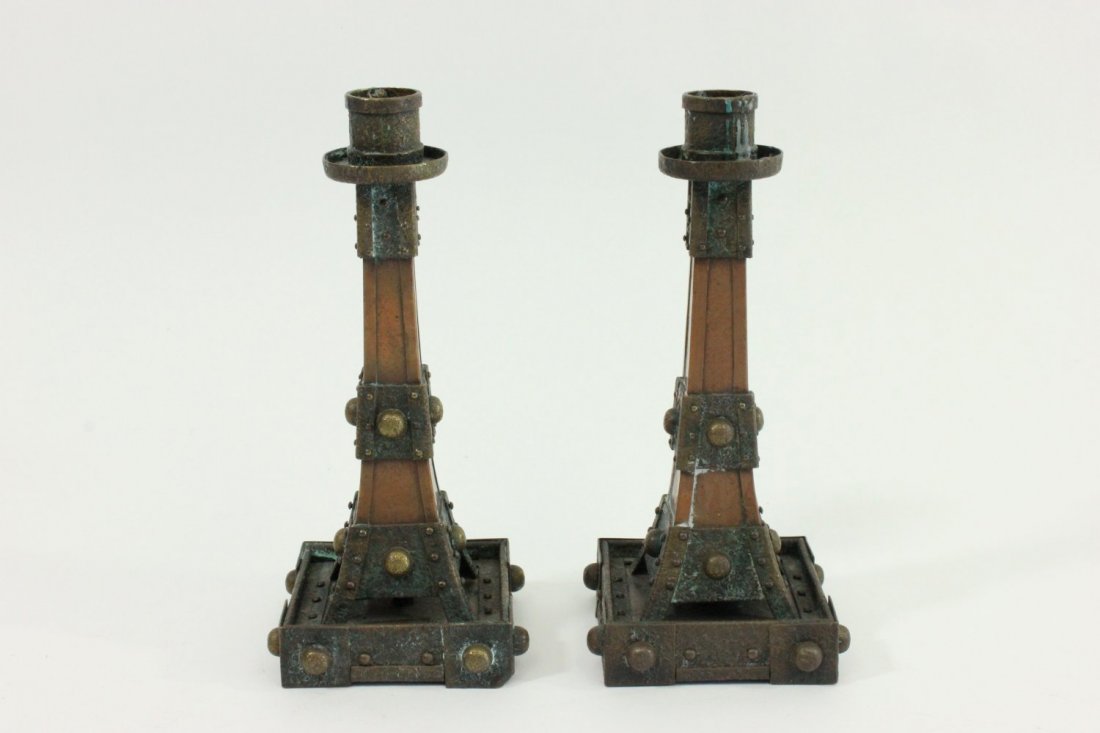 Pair Mixed Metal Arts & Crafts Candlesticks (1 of 4)