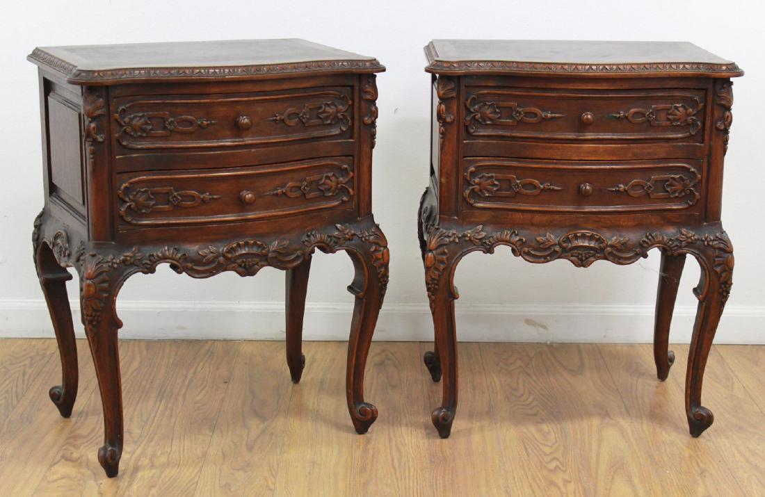 Pair of Carved Banded Commodes: Made in Belgium "Kiln- Drieo". Approx. 26" high, 21" wide, 14 1/2" deep. Scratches on tops.