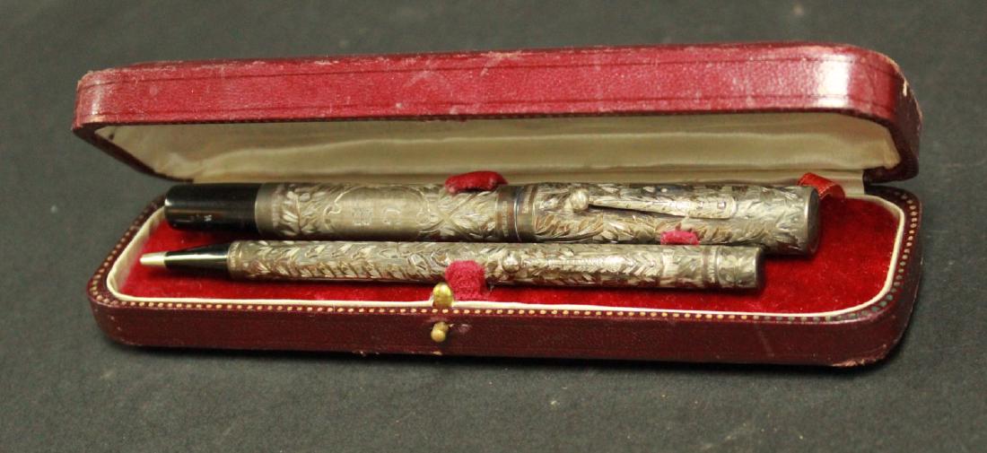 Sterling Silver Matching Waterman Pencil & Pen: In fitted leather Waterman case. From the personal collection of Jeffrey Zimmerman.