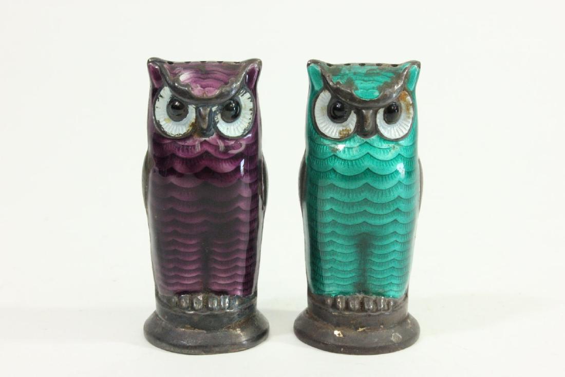 Sterling Silver & Enamel Owl Salt & Pepper: Stamped D. Norway. 1 purple and 1 green. Approx. 2" H. Approx. 46 grams. From the personal collection of Jeffrey Zimmerman.