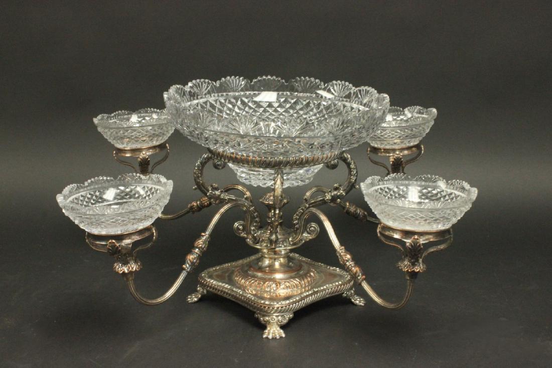 English Silverplate Epergne: With 5 original glass inserts. Needs refinishing.
