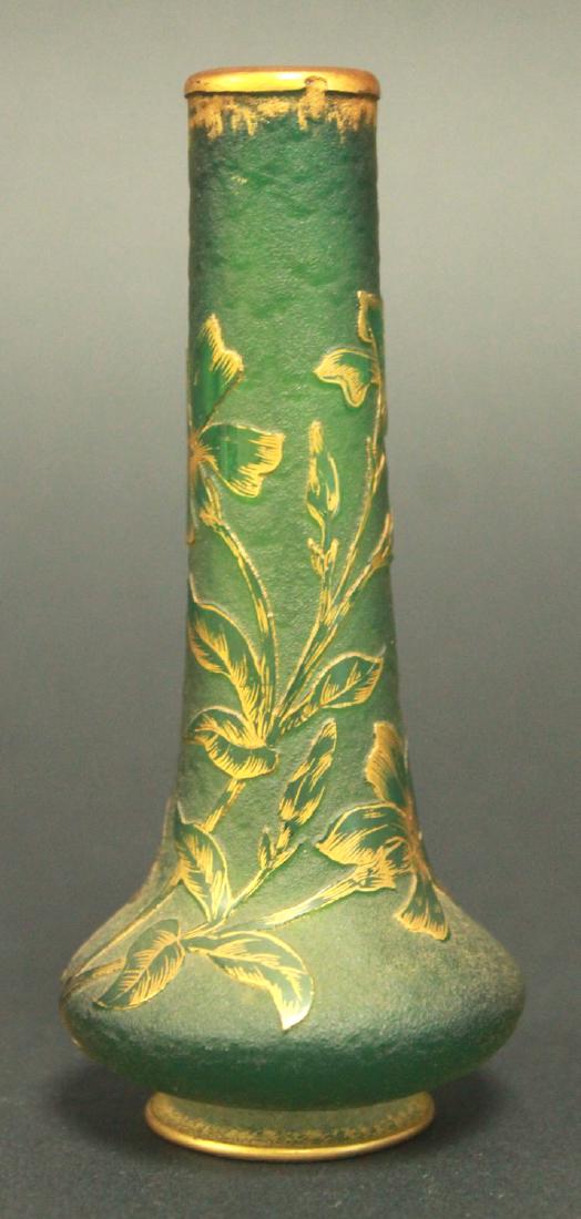 Daum Nancy Cameo Art Glass Floral Vase: Green and gilded. Signed on bottom. Approx. 5" H. From the personal collection of Jeffrey Zimmerman.