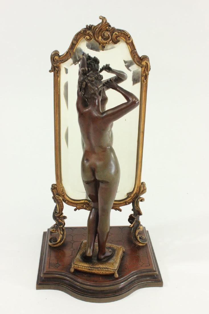 Erotica Bronze Sculpture, Nude Woman: Standing on pillow admiring herself in a full length bevelled mirror. Signed Pinedo on base with bronze seal. Emile Pinedo, French sculptor (1840-1916). Foundry: bronze Garanti au Titre, Paris. Approx