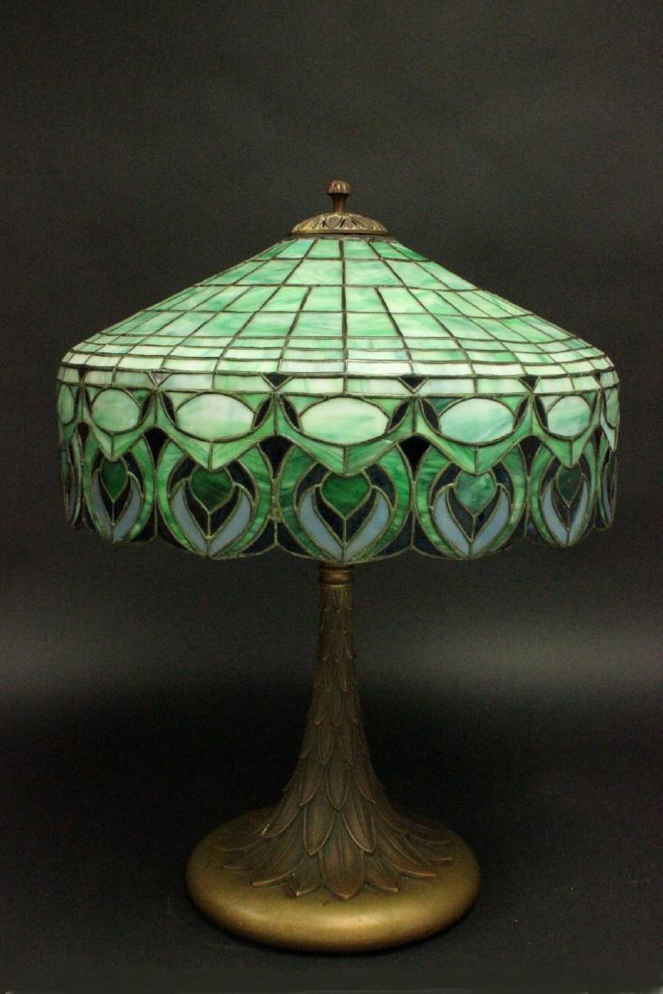 Leaded Glass Table Lamp with Fluted Bronze Base (1 of 4)