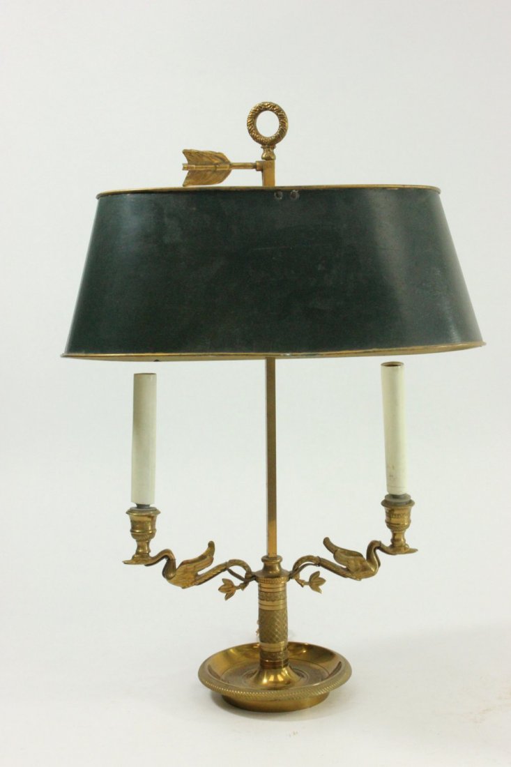French Bronze Bouillotte 2-Light Lamp: With swans. Approx. 20 1/2" H. (7112)
