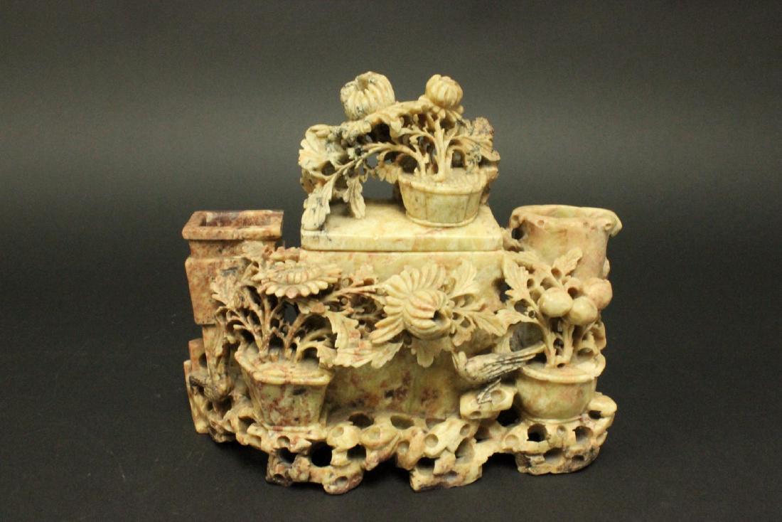 Carved Asian Soapstone Double Vase with Cover (1 of 5)