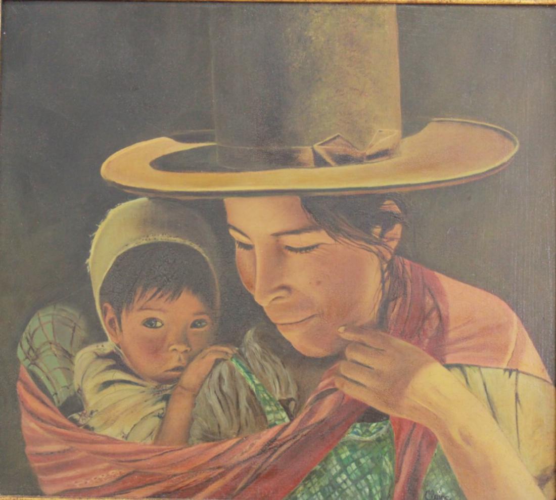 Mother & Child: Oil on board. Gilt and black framed. Signed lower right, Claire. Mexican or Central American. Approx. 12" x 13 1/2" image, 16" x 17 3/4" frame. From the personal collection of Jeffrey Zimmerman.
