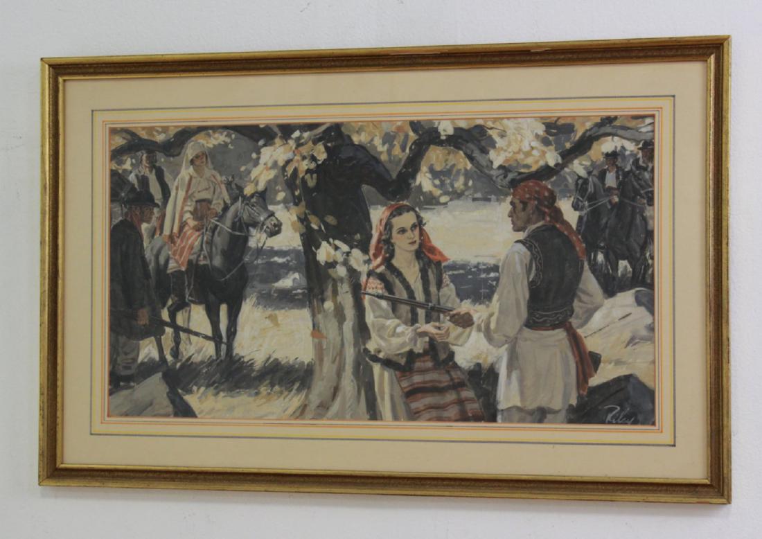 Riley, Framed Watercolor: Signed lower right. 20th century. Approx. 13 1/4" x 25 1/2". From the personal collection of Jeffrey Zimmerman.