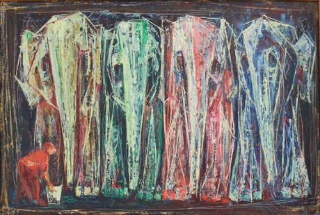 Si Lewen, "Circus Elephants": Oil on board. Signed and titled verso. Si Lewen, Polish/American (1918-2016). Approx. 15" H x 22" W sight, 21 3/4" H x 29 1/4" W frame. From the estate of Silvia Hittner, Riverside Drive, New York. (7