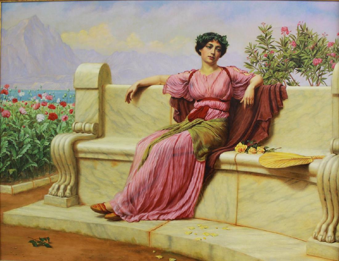 Reclining Roman Woman: Oil on canvas. Gilt framed. Approx. 22" x 28" canvas, 26" x 32" frame.