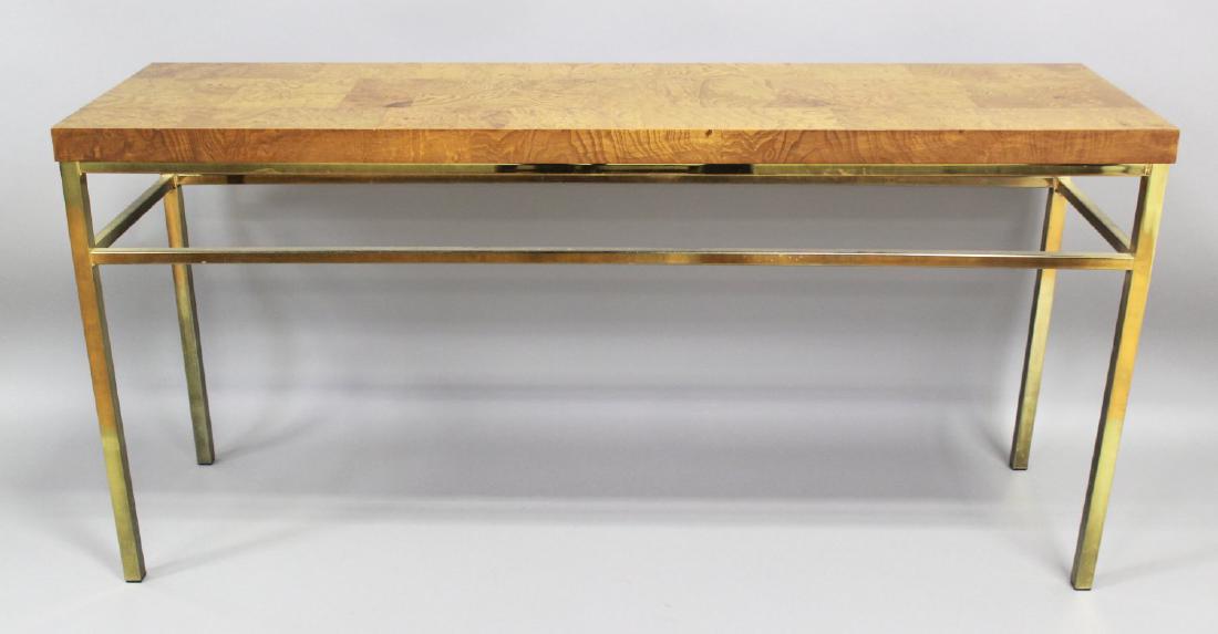 American 70s Brass & Elm Veneered Parsons Table: By Bernhardt. Approx. 28" H x 58" W x 16" D. (7113)