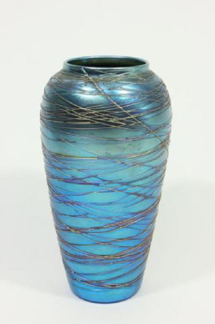 :Durand Threaded Blue Iridescent Art Glass Vase (1 of 4)