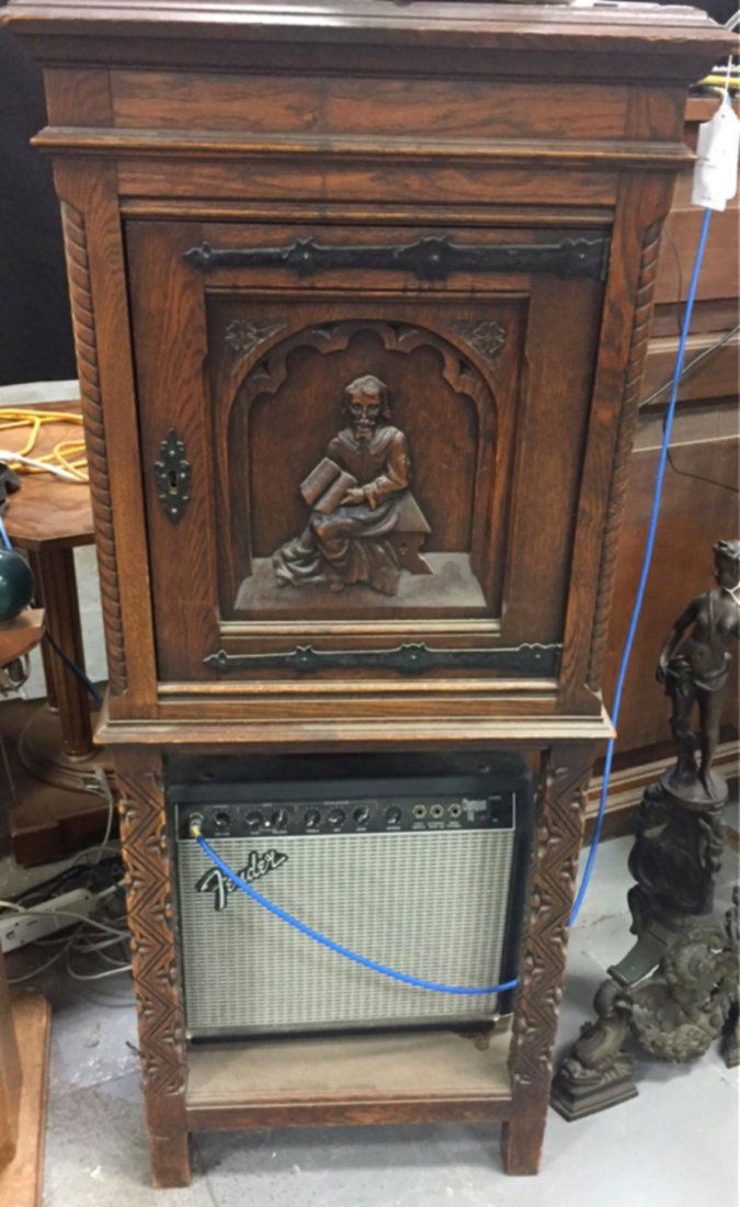 Jacobean Oak Carved Figural 1-Door Cabinet (1 of 3)