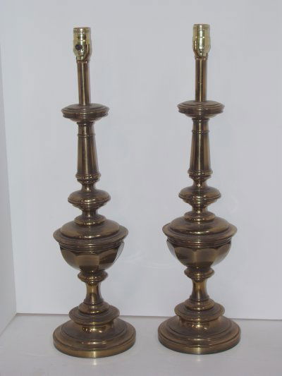 PAIR BRASS STIFFEL LAMPS: LAMP. PAIR BRASS STIFFEL LAMPS. THE LAMPS HAVE SHADES & HARPS. (SOME PITTING TO FINISH) APPROX. 21" H TO TOP OF LAMP BASE