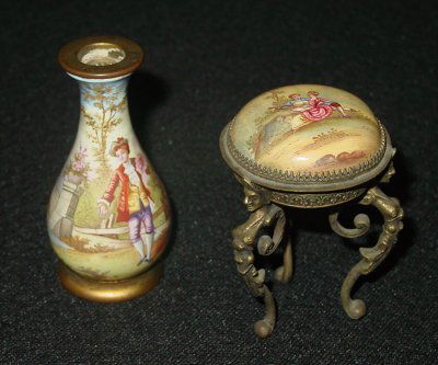 19TH C. ENAMELED VASE & ENAMELED TABLE TOP: 2 19TH C. CABINET PIECES (1-ENAMELED VASE STAMPED VIENNA 3" & ENAMELED TABLE TOP W/BRASS FIGURAL BASE 3"