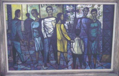 OIL PAINTING ON BOARD THE STREET BY DAVID SHAPIRO: OIL ON BOARD THE STREET BY DAVID SHAPIRO CA. 1960'S APPROX. 48" W X 30" H (SIGNED ON BACK)