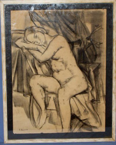 CHARCOAL NUDE SIGNED V. ROCKLINE RUSSIAN / FRENCH: CHARCOAL NUDE ON PAPER SIGNED. V. ROCKLINE (RUSSIAN/FRENCH ARTIST VERA ROCKLINE 1896-1934) APPROX. 28.25" H X 22" W