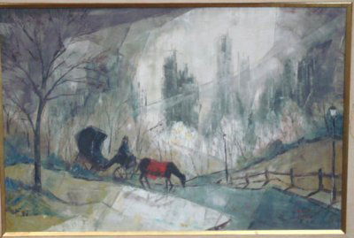 PAINTING CENTRAL PARK BY ROBERT LEBRON: PAINTING CENTRAL PARK BY ROBERT LEBRON (ON CANVAS, 4-5 PATCHES ON BACK) CANVAS SIZE APPROX. 35.5" W X 23.25" H