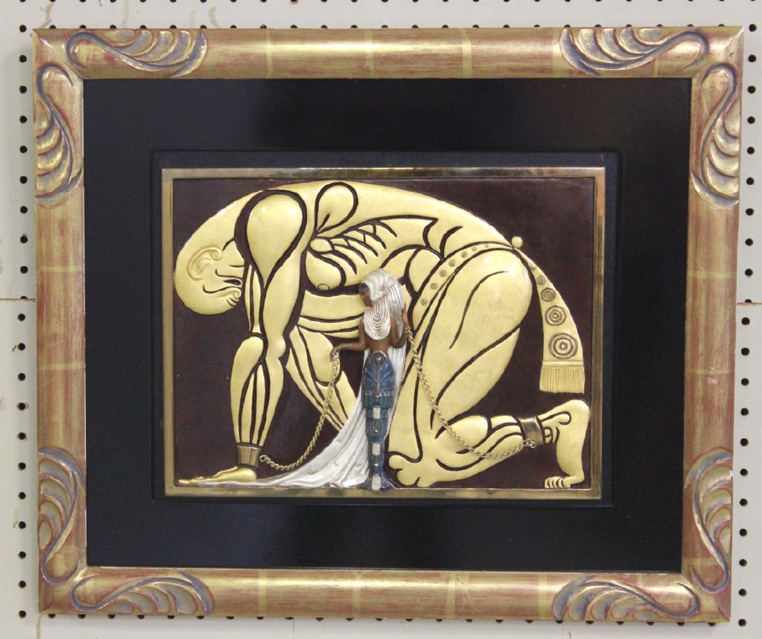 Erté, "Samson & Delilah" Bronze Plaque Wall Relief: Vibrant patina. Depicting Delilah standing next to a kneeling Samson. Limited edition 22/375 marked lower right. Erté (Romain de Tirtoff), Russian/French (1892-1990). Mounted in gilded and black lacq