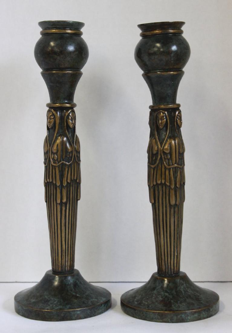Erté, 2 "Maidens" Solid Bronze Verde Candlesticks: Signed Erté, numbered 169/250 and 171/250 respectively, Con Fer 1985. Erté (Romain de Tirtoff), Russian/French (1892-1990). Mottled verde patina on both the crown and base. Approx. 10 1/4" H. From t