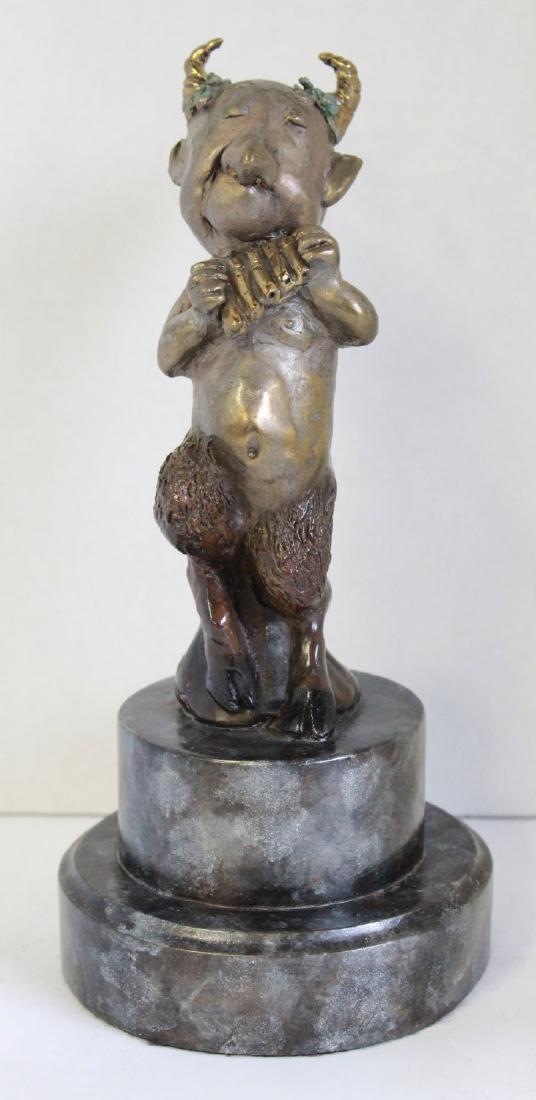 Charles Bragg, "Pan" Polychrome Bronze Sculpture: 1989, limited edition, signed verso/lower base, Charles Bragg 146/275, Dyansen Corp Copyright 1989. Mounted plaque titles work. Charles Bragg, American (born 1931). Approx. 10.5" H total. From the est