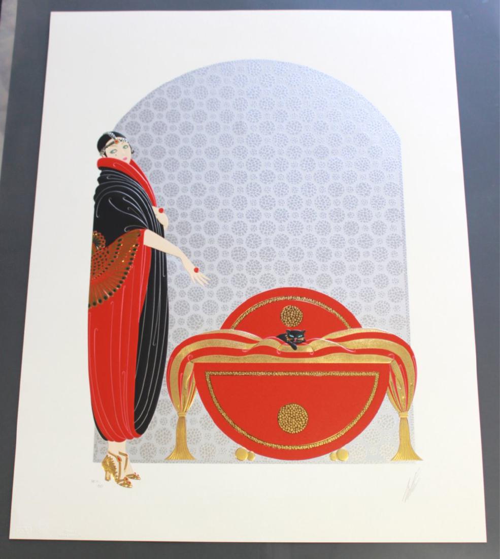 Erté, "Emerald Eyes" Serigraph on Paper: Depicting a standing woman dressed in red and black with emerald green eyes, tending to a resting black cat. Unframed. 1985 limited edition. Embossed with foil stamping. Pencil signed Erté lower righ