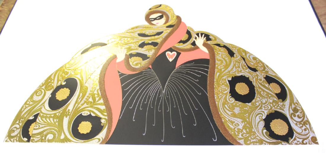 Erté, "Masquerade" (White) Serigraph on Paper: Depicting a standing masked woman with a gold coat and black dress over a white ground. Unframed. Limited edition. Embossed with foil stamping. Pencil signed Erté lower right, numbered 157/300, and 1