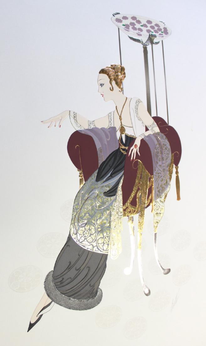 Erté, "Lilies and Lace" Serigraph on Paper: Depicting a seated woman with golden hair and black dress with an overhead canopy of lilies over a white ground. Unframed. Limited edition. Embossed with foil stamping. Pencil signed Erté lower right