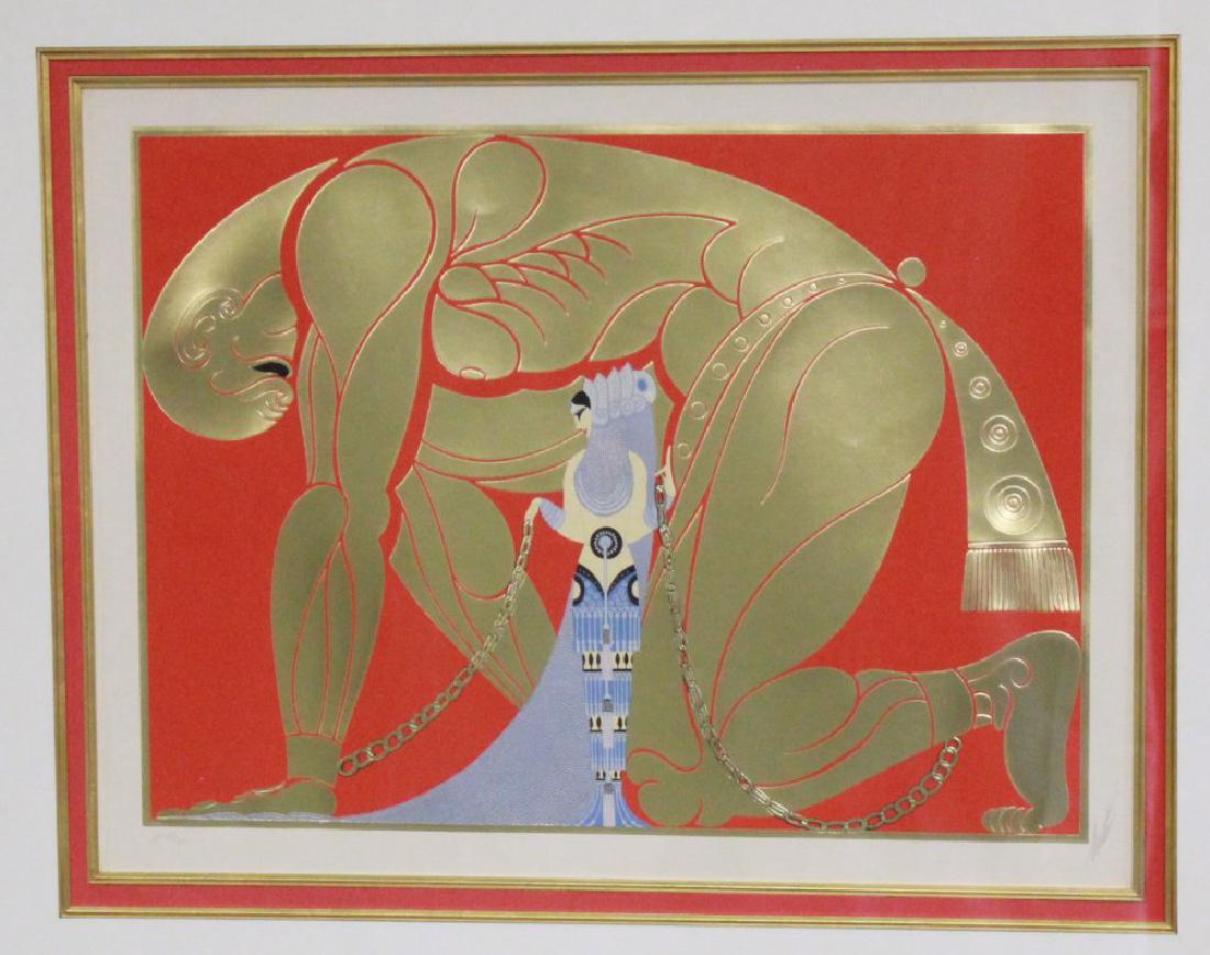 Erté, "Sampson and Delilah" Serigraph on Paper: Framed. 1980, Limited edition. Embossed with foil stamping. Pencil signed Erté lower right and Artist Proof numbered AP 38/60 lower left. Published by Circle Fine Art Corp., Chicago. Erté (Romain de