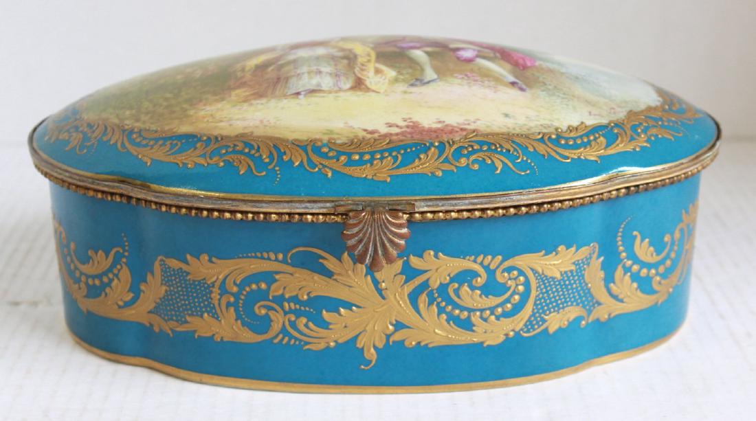 Late 19thC. Sèvres Handpainted Porcelain Glove Box: Courting scene on bench. Artist signed. Approx. 5" H x 11 1/2" x 7 1/2" W.