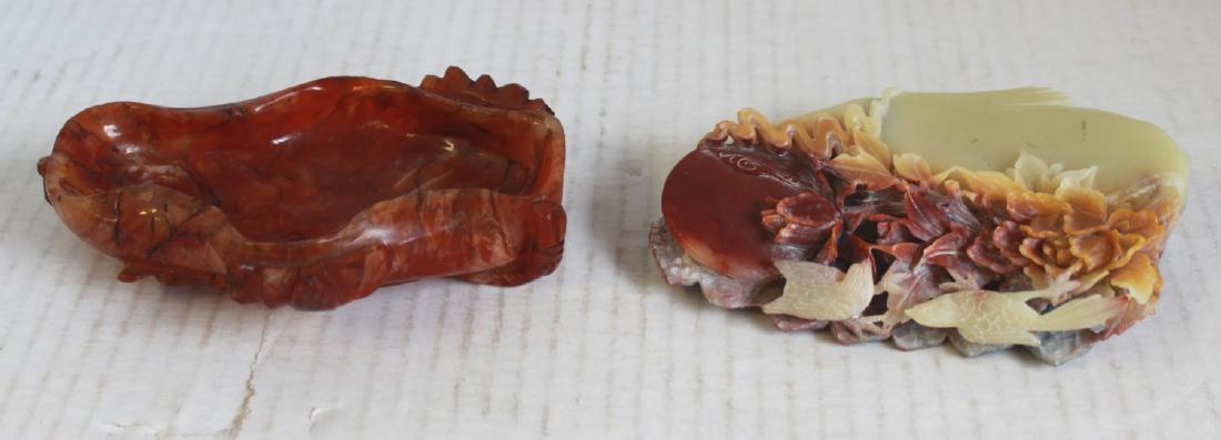 Chinese Agate Stone Brush Wash & Soapstone Carving: Brush wash approx. 1 1/4" x 4 1/2" x 3"; soapstone carving of birds and flowers.