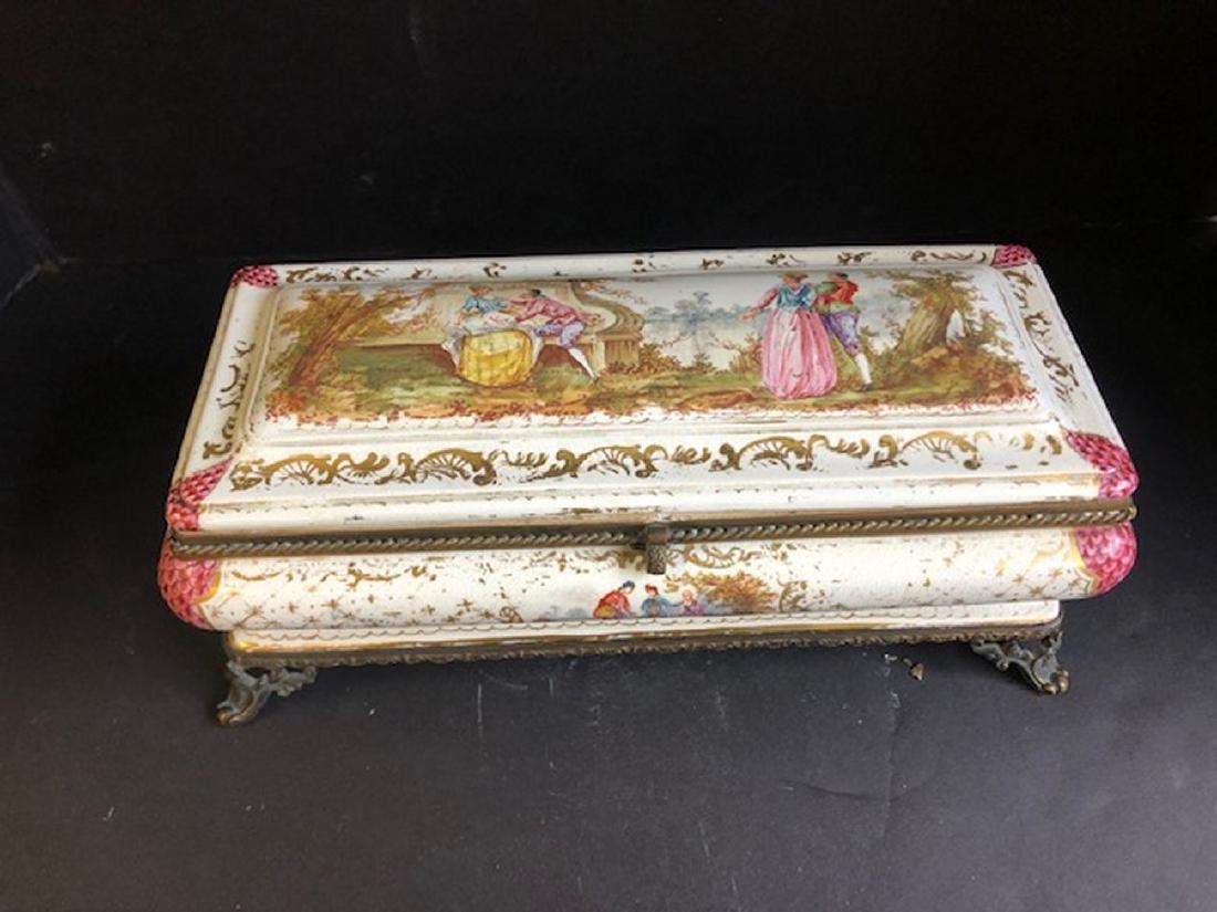 Porcelain Glove Box: Handpainted. Late 19th-early 20th century. Mounted on brass footed stool. Approx. 14" H x 12" W x 5" D. (7243) Gold paint wear