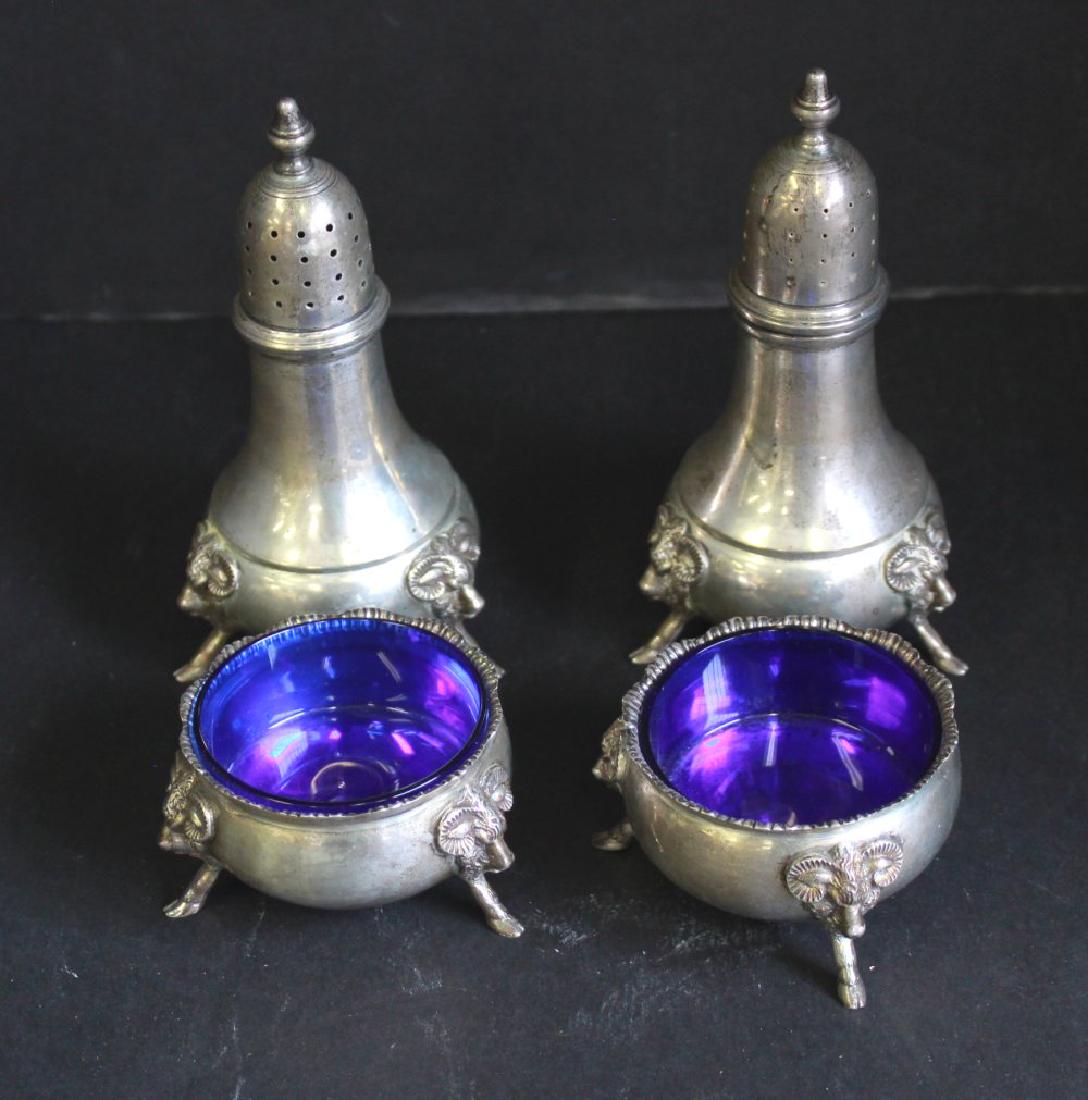 4-Piece Jensen Salt & Pepper & Salt Cellars: Cobalt glass inserts. Approx. 14.3 ozt. (7101)
