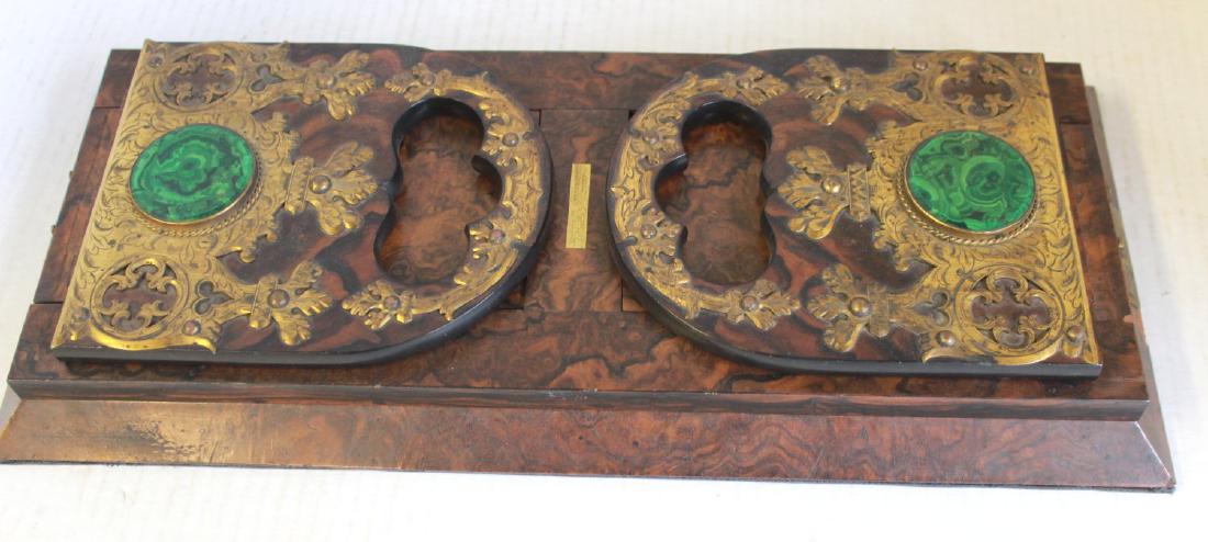 English Burled Wood & Bronze Book Rack: With malachite inset. Circa 19th century. Martin & Co. Cheltenham - goldsmiths to the Queen. Approx. 8 1/2" x 16", expands to 20".