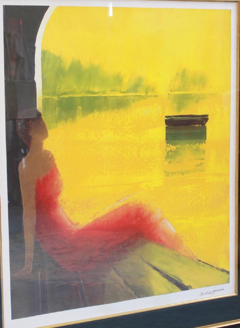 Emile Bellet, Woman in Red Dress Reclining: Seriolithograph. Signed in plate lower right. With certificate of authenticity. Approx. 29" x 24" sight, 42" x 36 1/2" framed. From a New Jersey Estate.