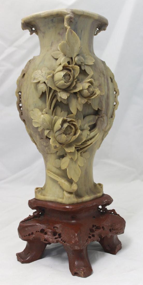 Carved Chinese Soapstone Vase: Carved Chinese Soapstone Vase Approx. 16 1/2" x 8" x 5 1/2"D