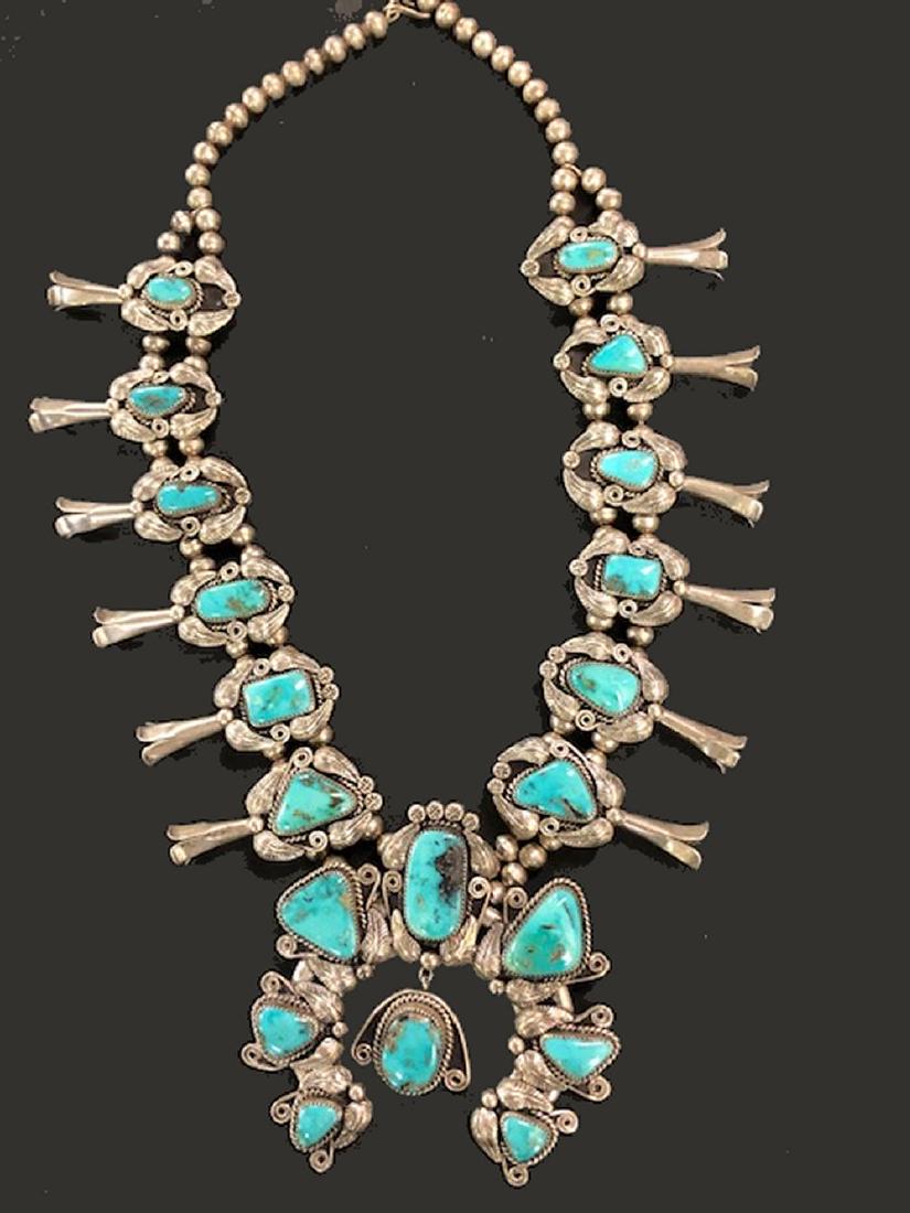 Silver & Turquoise Squash Blossom Necklace: Signed Walter Mitchell. Acid tested.Approx. 30"L, Naja 4"x4", 12 ozt or 373g