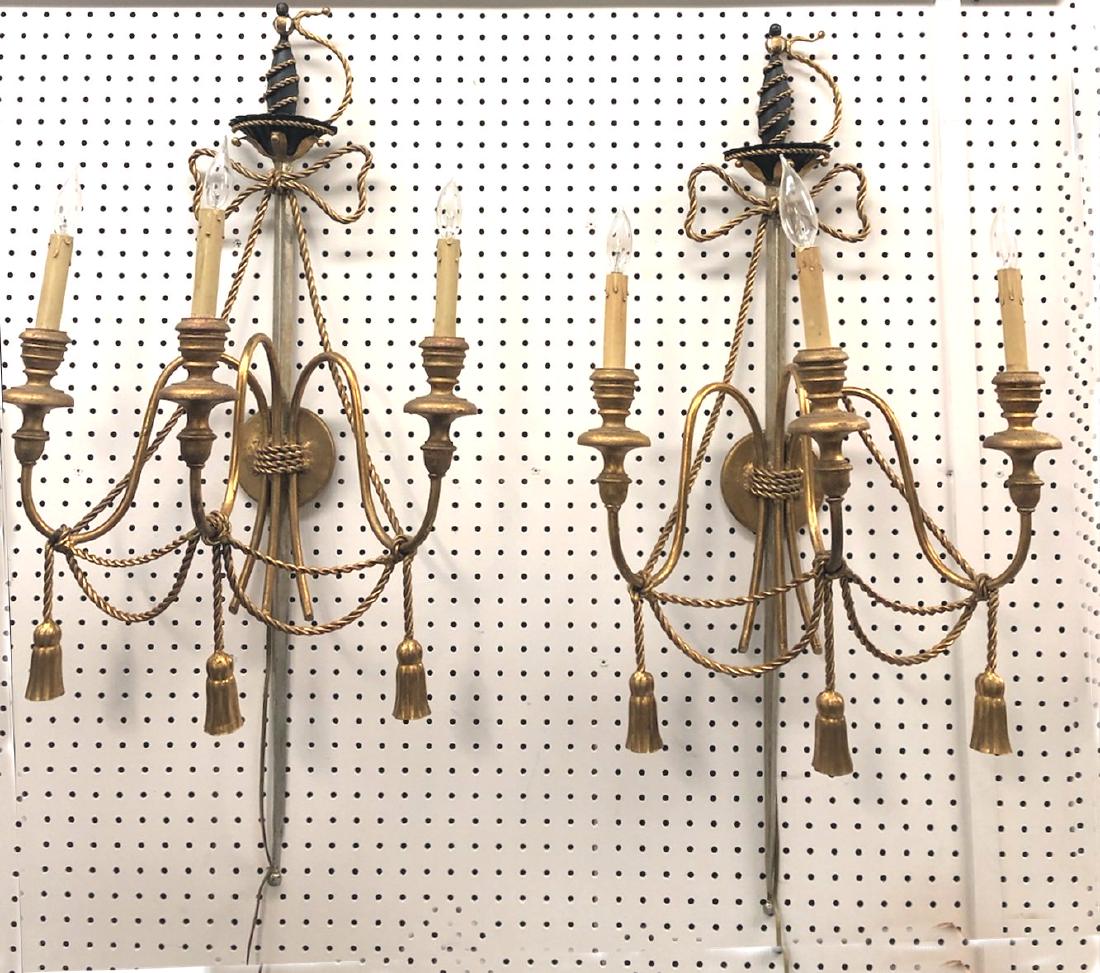 Pair Gilt Tassle Sconces: Metal and wood. Electrified. Approx. 37" H x 18" W.