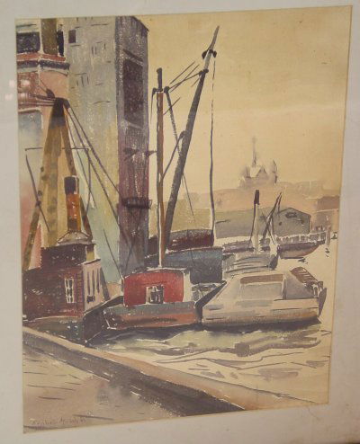 WATERCOLOR SIGNED REGINALD MARSH: WATERCOLOR HARBOR SCENE SIGNED REGINALD MARSH