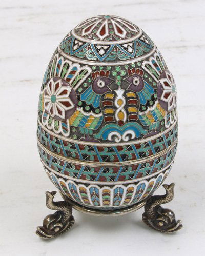 Russian Enamel & Silver Egg on Silver Dolphin Base: Hallmarked. Chicken decoration. Approx. 4" H