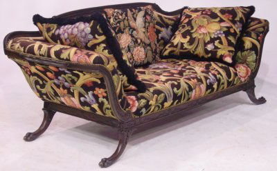 Mahogany & tapestry Duncan Phyfe style sofa: with matching pillows. Approx. 6.5' W.