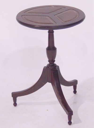 Duncan Phyfe style gold tooled taboret tables: Duncan Phyfe style gold tooled taboret tables with brown leather tops. Ca. 1930's.