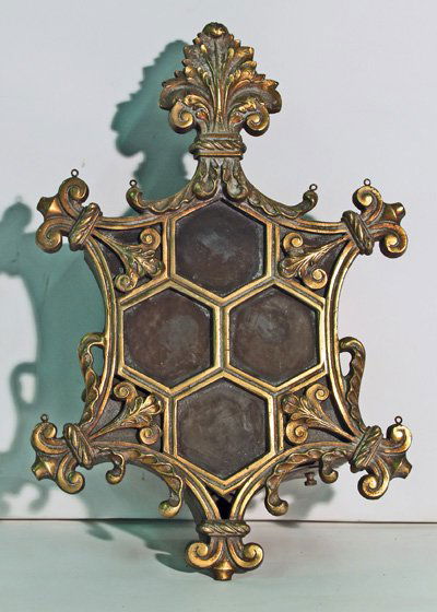 Art Deco wall mount light with slag glass: LIGHTING. Art Deco wall mount light with 4 pieces slag glass. Bronze or brass. Approx. 17" H x 12"W