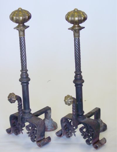 Pair 19th c. cannon ball brass & iron andirons