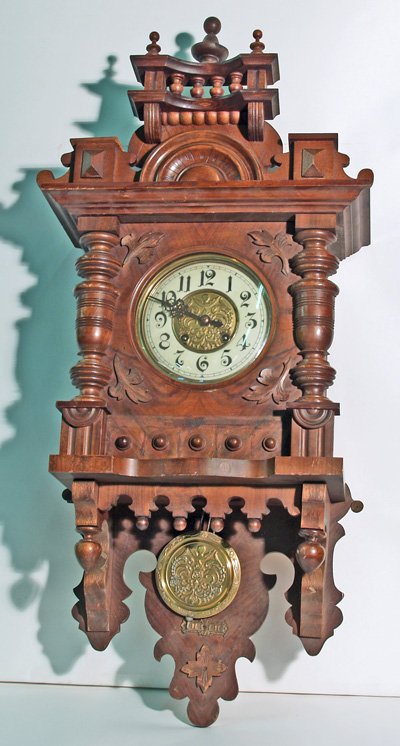 19th c. Austrian carved walnut hanging wall clock
