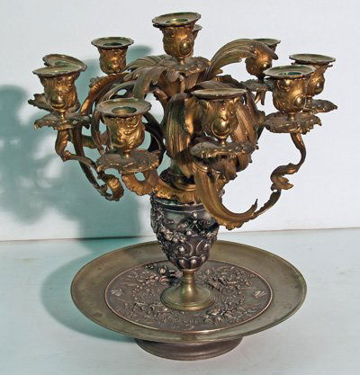 19th c. figural bronze candelabra centerpiece: METALWARE. With ten lights. Approx. 15" H x 14" W