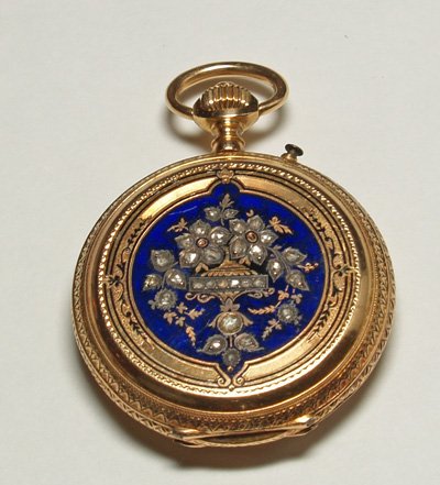 Gold, cobalt enamel & diamond pocket watch