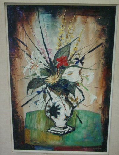 Oil painting on canvas signed Bernard Lignon: Contemporary still life. Approx. 28.5" x 19.5"