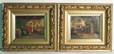 Pair 19th c. oil on prints on canvas